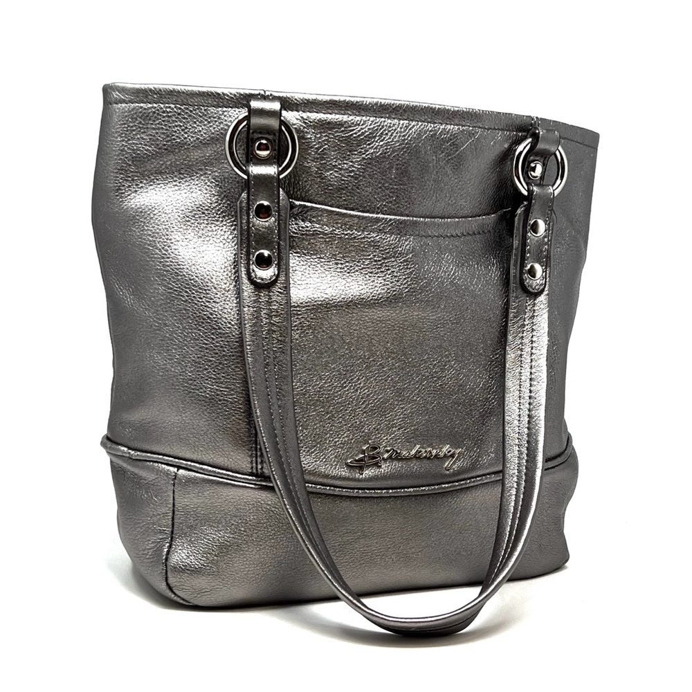 B. Makowsky Pewter Margene Large Tote Bag Handbag Metallic Leather Purse EUC